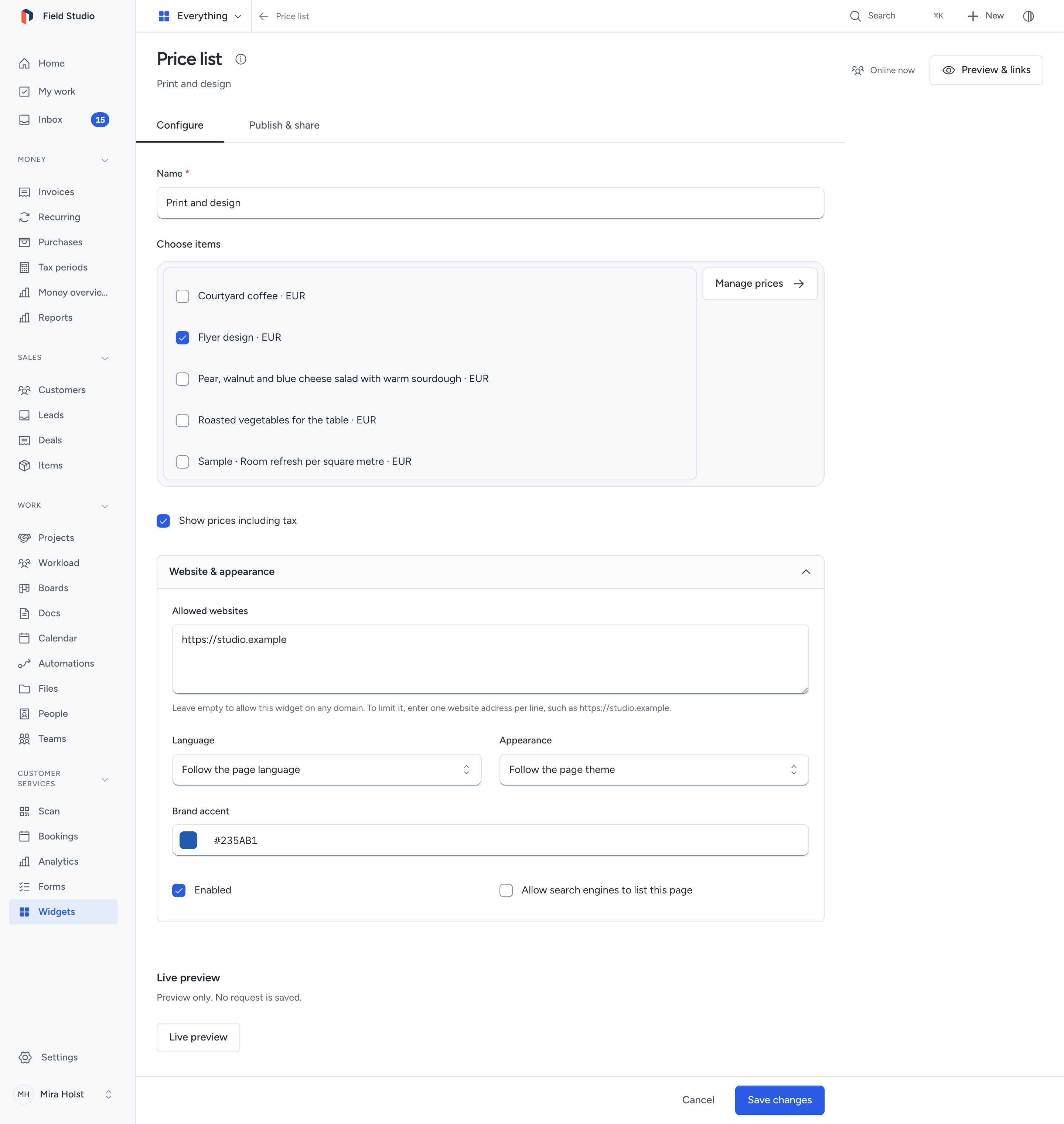 Price-list settings with selected catalogue items and the Live preview button