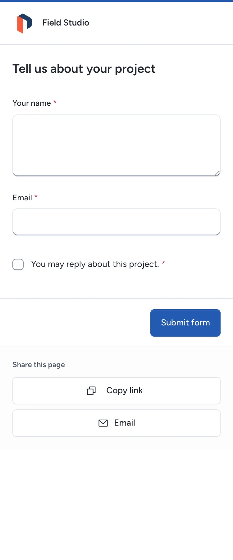 The Field Studio form asks for a name, email and permission to reply.