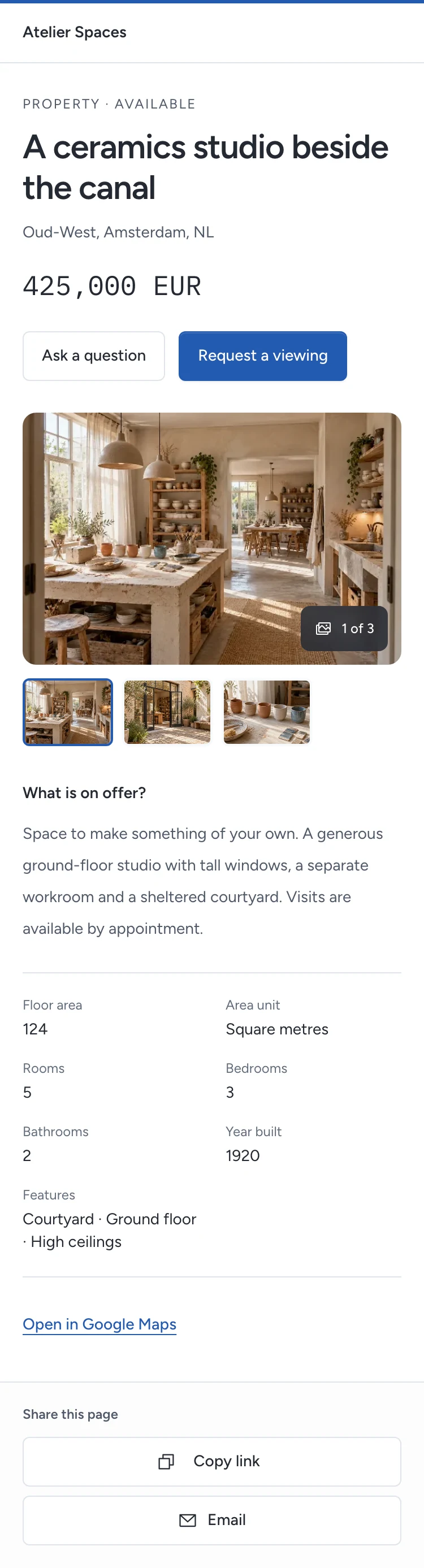 The real-estate template shows a ceramics studio with its allowed location and exact price.