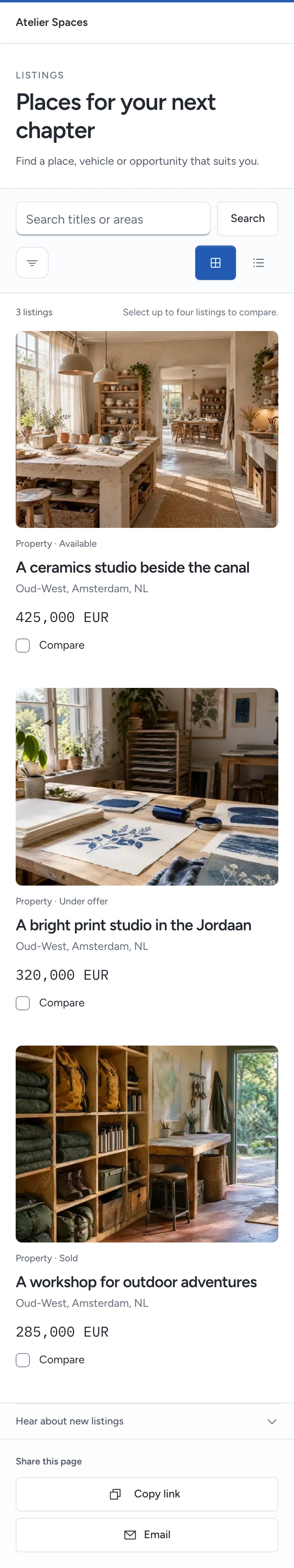Atelier Spaces shows published listings with their permitted location and price.