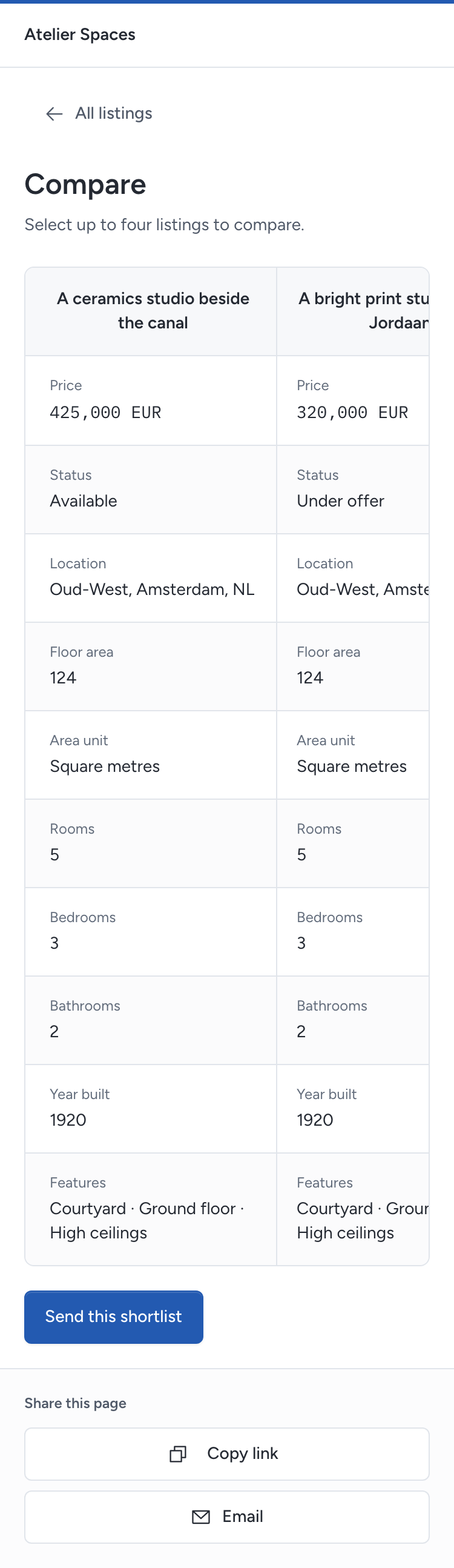 Two selected listings compared side by side from a shared collection address.