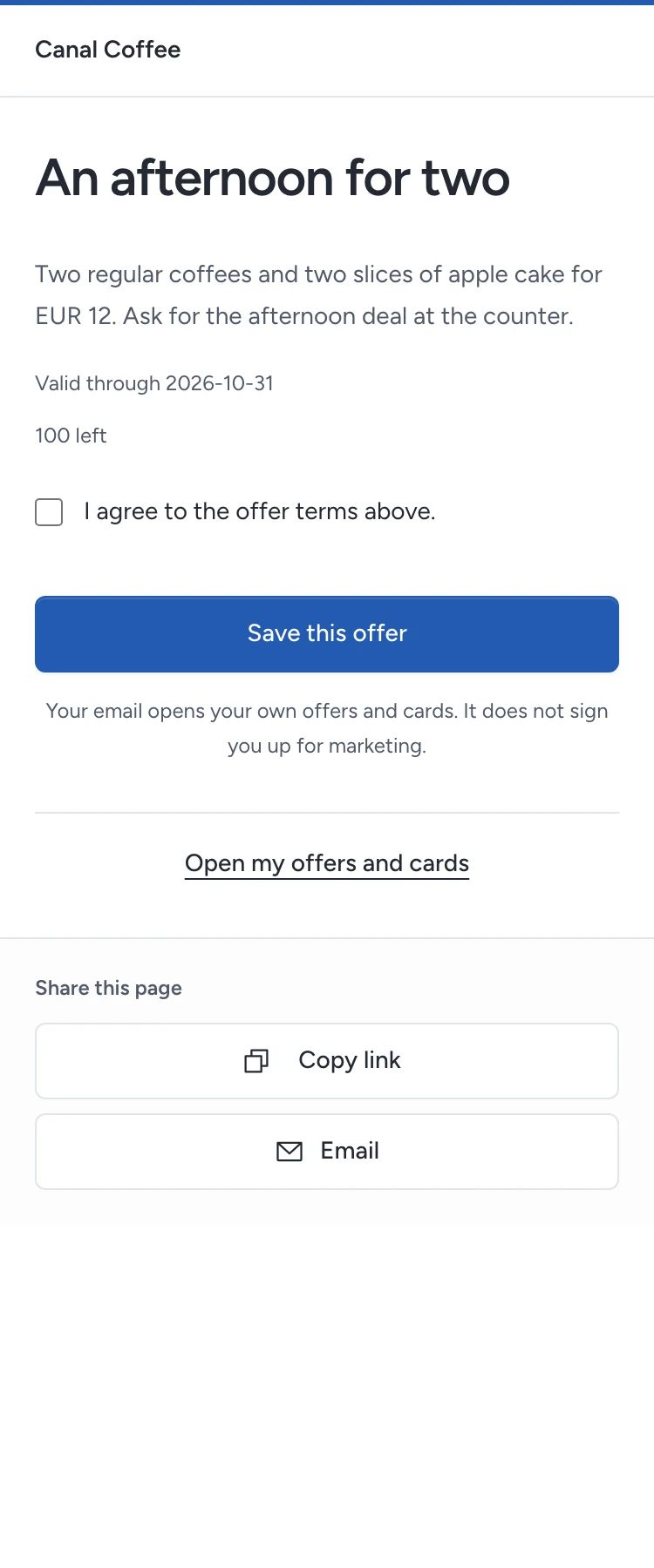 Canal Coffee states the offer terms before the visitor accepts them.