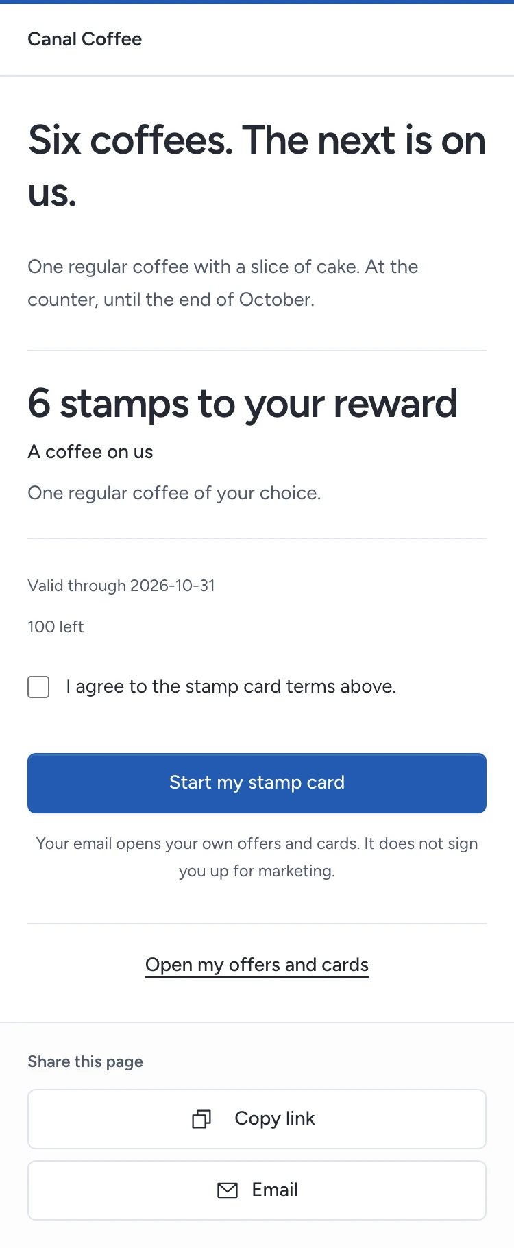 Canal Coffee states the offer terms before the visitor accepts them.