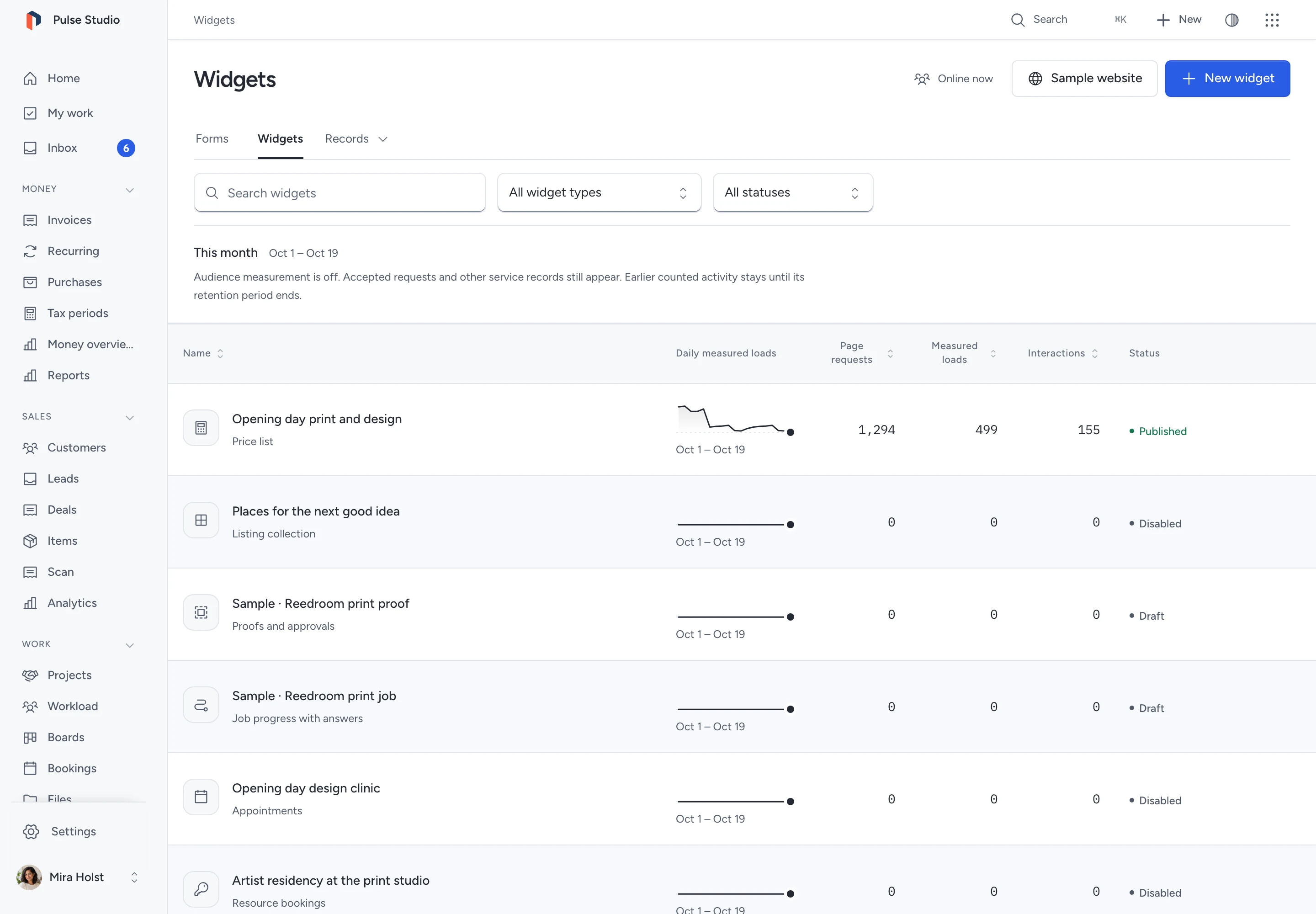 The widget library with configured services and their publishing actions.